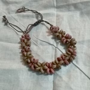 Vintage Hemp String Adjustable Bracelet Braided in Pink&Brown Wood Flower Beads